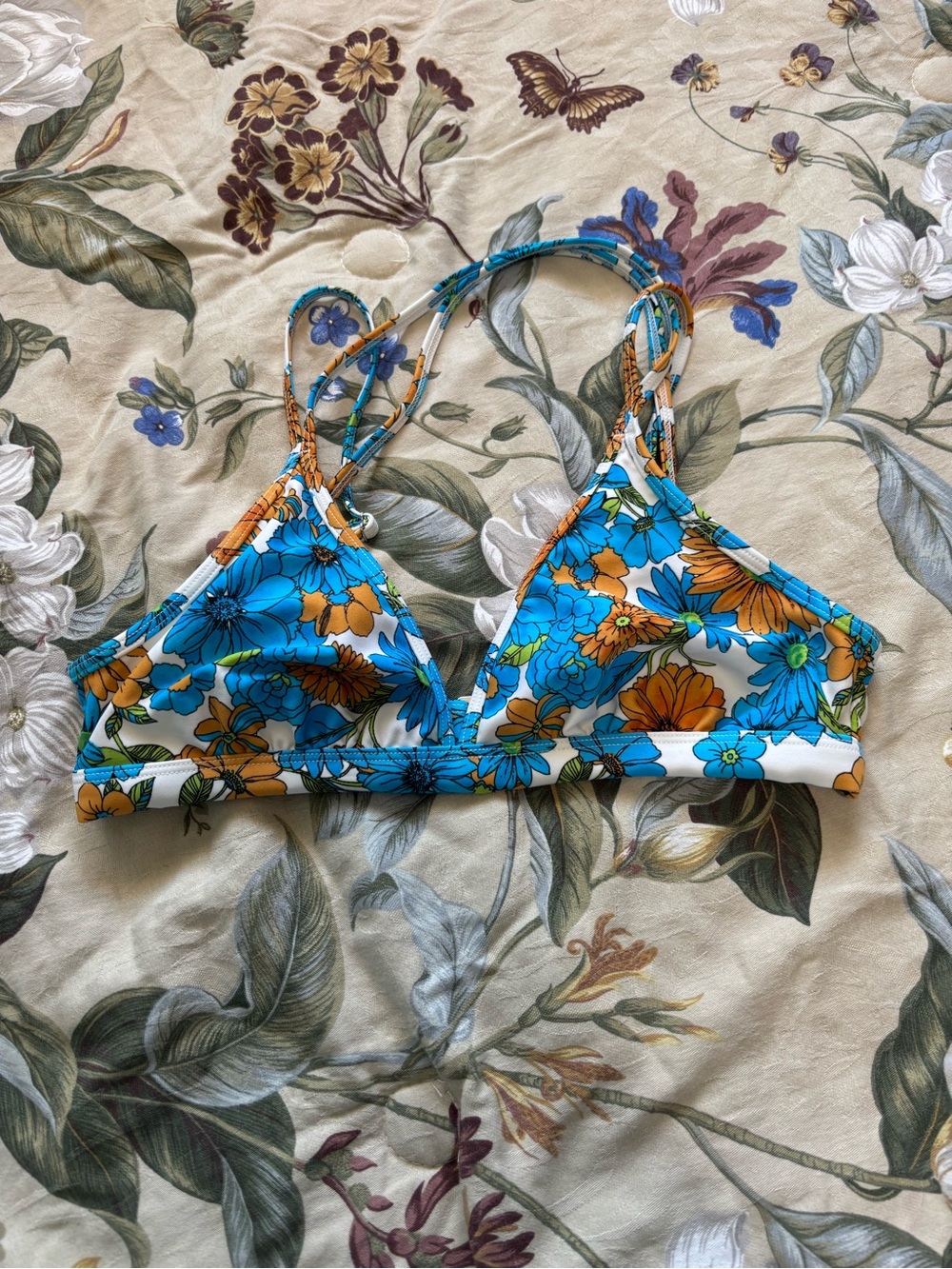 Floral Triangle Bikini Top in Blue & Orange